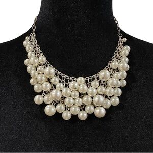 NY Collection Statement Necklace White Faux Pearl Beaded Bib Silver Tone Chain